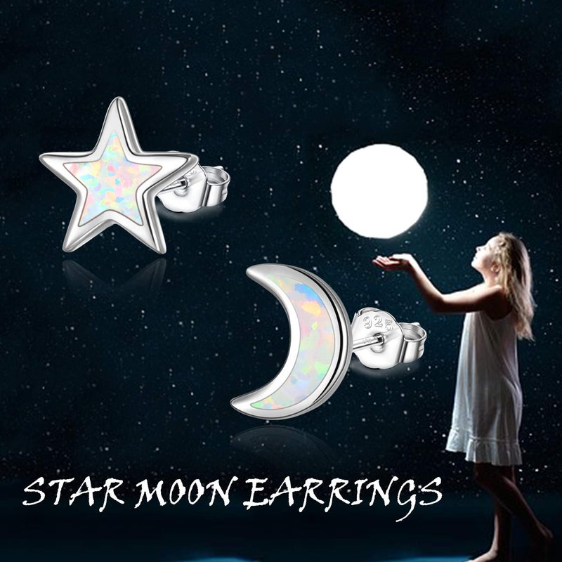 Cuoka Moon and Star Earrings 925 Sterling Silver Opal Celestial Asymmetry Star Moon Stud Earrings for Women Daughter - Image 4